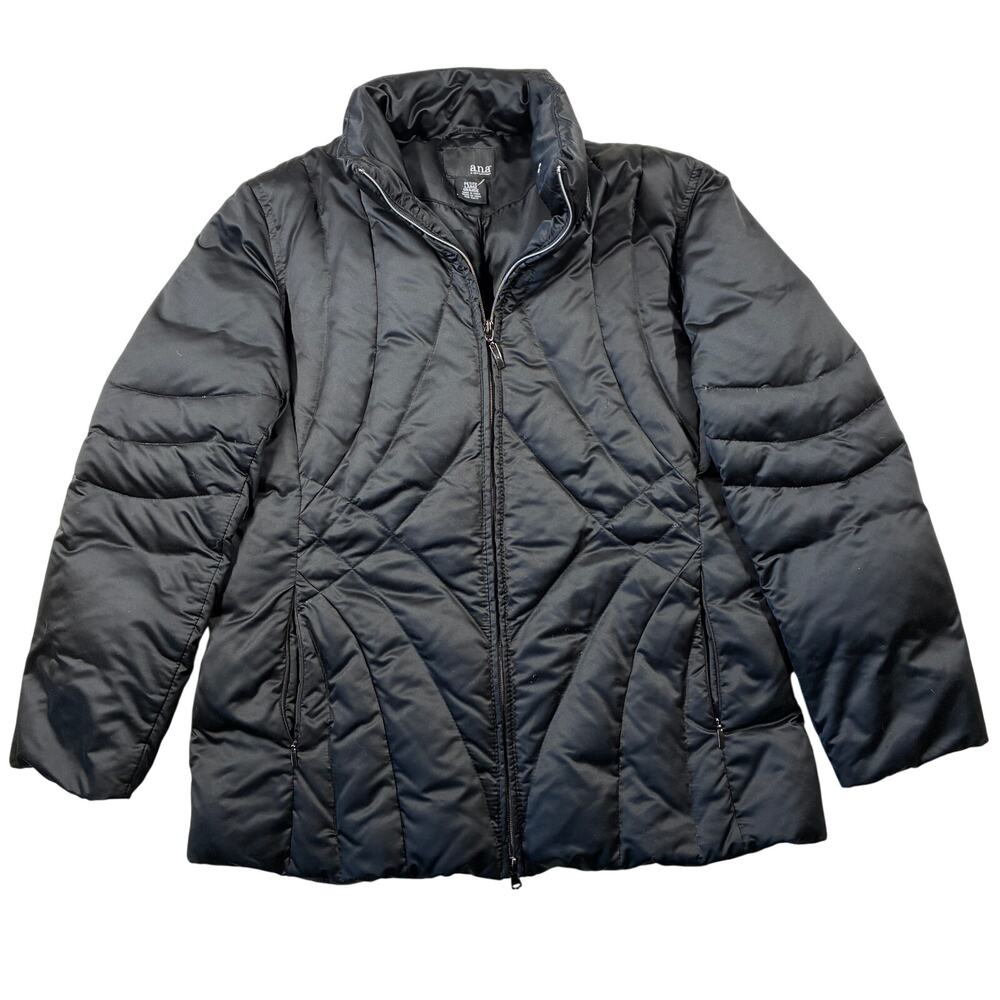 A.N.A Packable Down Puffer Jacket Petite Large PL Black Full Zip Quilted Outdoor